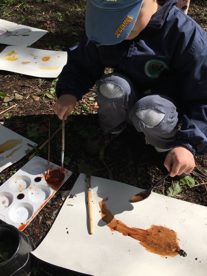 Child paints outdoors