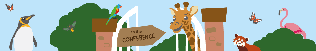 Cartoon zoo animals with a sign pointing to the conference