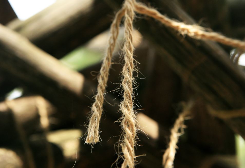 A rope hands in front of crossed logs