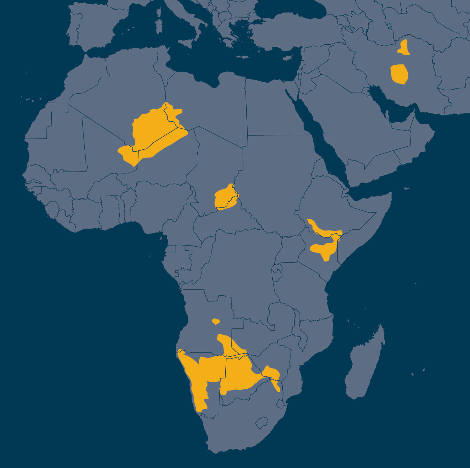 A map showing the range of cheetah in the wild